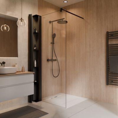 Paroi de douche fixe à l'italienne l. 140 x H. 200 cm, Walk In, verre trempé transparent 6 mm, noir, Schulte