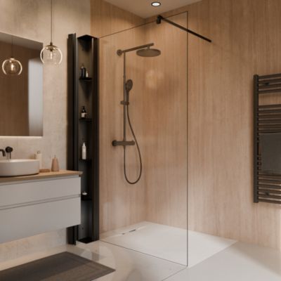 Paroi de douche fixe à l'italienne l. 140 x H. 200 cm, Walk In, verre trempé transparent 6 mm, noir, Schulte