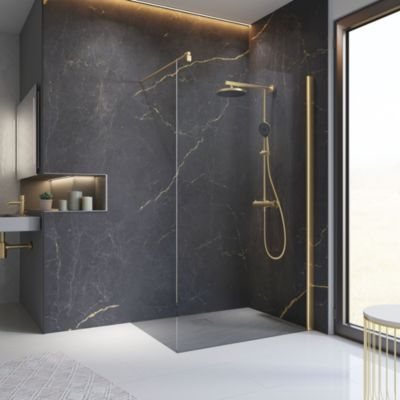 Paroi de douche fixe à l'italienne l.140xH.200cm, Walk In, verre transparent anticalcaire 6mm, profilé doré mat, Schulte NewStyle