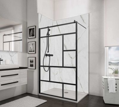 Paroi de douche fixe à l'italienne l.140xH.200cm, Walk In verrière atelier, verre transparent anticalcaire 6mm, profilé noir mat, Schulte NewStyle
