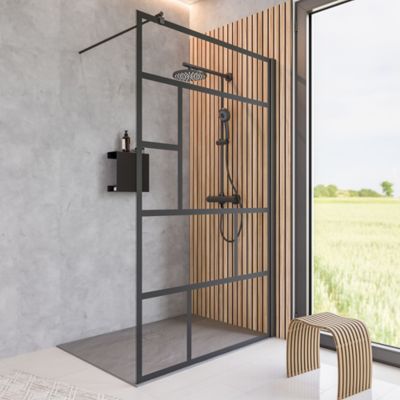 Paroi de douche fixe à l'italienne l.90xH.200cm, Walk In verrière atelier, verre transparent anticalcaire 6mm, profilé noir mat, Schulte NewStyle