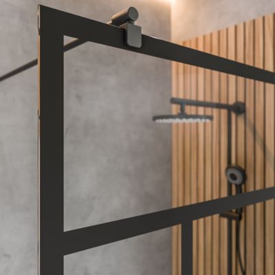 Paroi de douche fixe à l'italienne l.90xH.200cm, Walk In verrière atelier, verre transparent anticalcaire 6mm, profilé noir mat, Schulte NewStyle