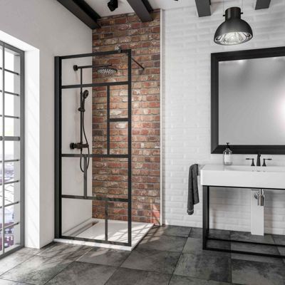 Paroi de douche fixe à l'italienne l.90xH.200cm, Walk In verrière atelier, verre transparent anticalcaire 6mm, profilé noir mat, Schulte NewStyle