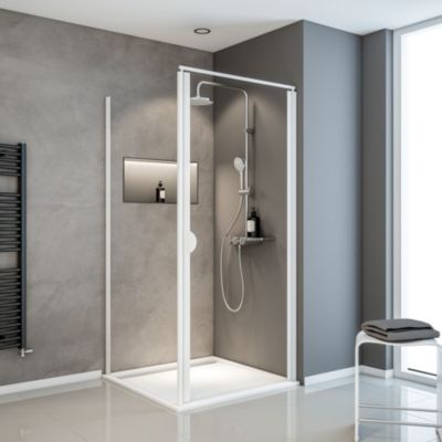 Paroi de douche fixe anticalcaire I.80 cm, verre transparent, profilés blanc, Schulte Sunny
