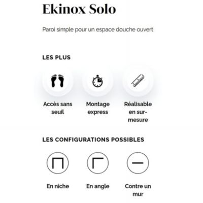 Paroi de douche fixe Kinedo EKINOX Solo L80cm H2,07 m inox brossé barre haute
