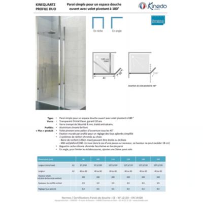 Paroi de douche fixe Kinedo Kinequartz Duo H2,00m L1,60m fixation à droite charnière et mât chromé