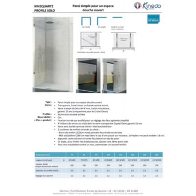 Paroi de douche fixe Kinedo Kinequartz Solo L1,40m H2,00m charnières murales verre fume finition miroir avec renfort mat