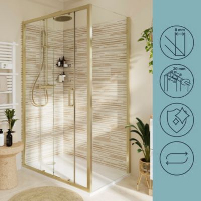 Paroi de douche fixe l.80 x 195 cm, profilés aluminium finition doré brossé, GoodHome Ledava