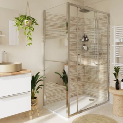Paroi de douche fixe l.80 x H.195 cm, bandes miroir, profilés aluminium chrome, GoodHome Ledava