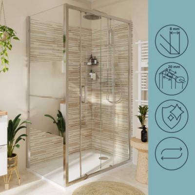 Paroi de douche fixe l.80 x H.195 cm, bandes miroir, profilés aluminium chrome, GoodHome Ledava
