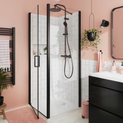Paroi de douche fixe l.80 x H.195 cm, verre transparent, profilés aluminium noir, GoodHome Ledava