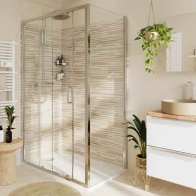 Paroi de douche fixe l.90 x H.195 cm, verre transparent, profilés aluminium chrome, GoodHome Ledava