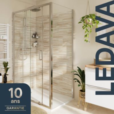 Paroi de douche fixe l.90 x H.195 cm, verre transparent, profilés aluminium chrome, GoodHome Ledava