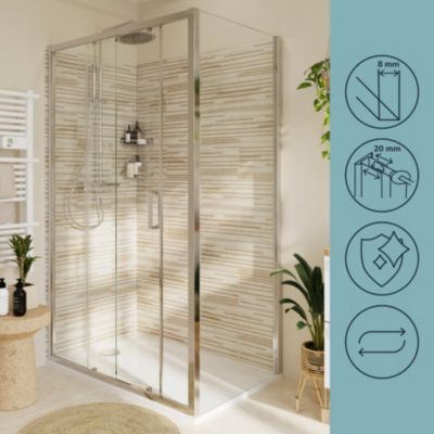Paroi de douche fixe l.90 x H.195 cm, verre transparent, profilés aluminium chrome, GoodHome Ledava