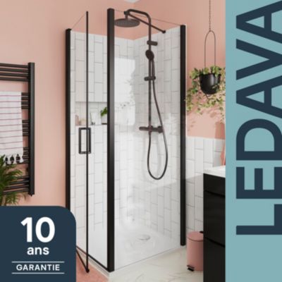 Paroi de douche fixe l.90 x H.195 cm, verre transparent, profilés aluminium noir, GoodHome Ledava