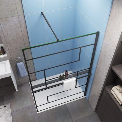 Paroi de douche fixe noir 140x200 cm verre 8mm anticalcaire style moderne avec étagère alu 140 cm et barre fixation 70-120 cm