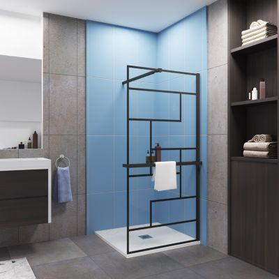 Paroi de douche fixe noir 80x200 cm verre 8mm anticalcaire style moderne + étagère alu 80 cm + barre fixation 73-120 cm