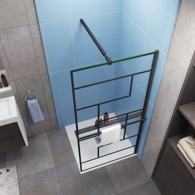 Paroi de douche fixe noir 80x200 cm verre 8mm anticalcaire style moderne + étagère alu 80 cm + barre fixation 73-120 cm