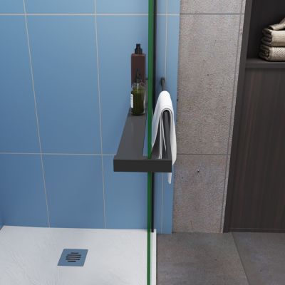 Paroi de douche fixe noir 80x200 cm verre 8mm anticalcaire style moderne + étagère alu 80 cm + barre fixation 73-120 cm