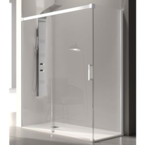 Paroi de douche fixe + Porte coulissante GLASE profil blanc 115 cm Paroi laterale : 66 - 69 cm