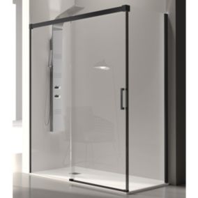 Paroi de douche fixe + Porte coulissante GLASE profil noir mat 135 cm Paroi laterale : 66 - 69 cm