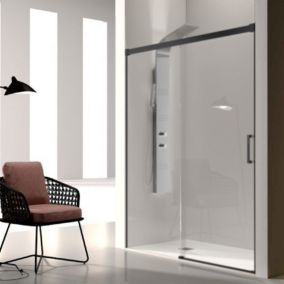 Paroi de douche fixe + Porte coulissante GLASE profil noir mat 175 cm Sans paroi laterale