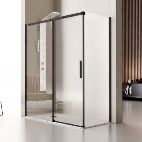 Paroi de douche fixe + Porte coulissante LUNA profil noir mat 100 cm Paroi latérale : 66.5 - 69 cm