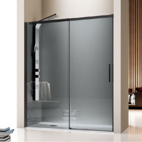 Paroi de douche fixe + Porte coulissante LUNA profil noir mat verre fume 100 cm Paroi laterale : 76.5 - 79 cm