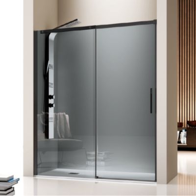 Paroi de douche fixe + Porte coulissante LUNA profil noir mat verre fume 155 cm Sans paroi laterale