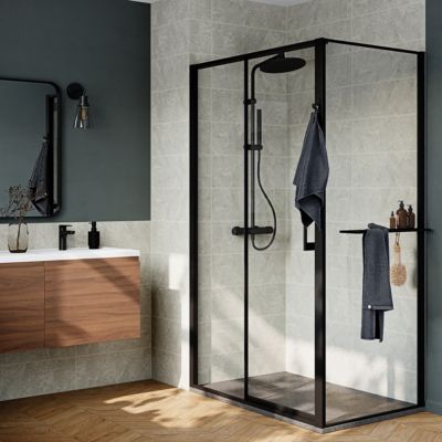 Paroi de douche fixe pour porte de douche coulissante ou pivotante l.80 x H.195 cm, verre transparent, profilés noir, GoodHome Evanna