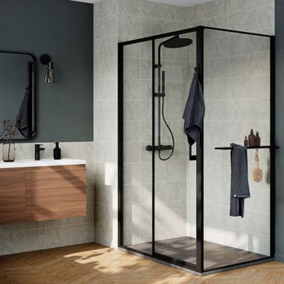 Paroi de douche fixe pour porte de douche coulissante ou pivotante l.90 x H.195 cm, verre transparent, profilés noir, GoodHome Evanna