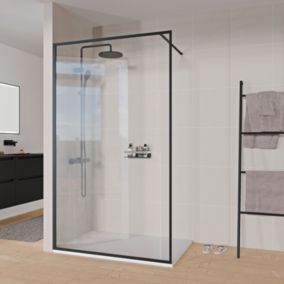 Paroi de douche italienne 100x200cm, verre NANO 8mm, profilé mural + barre stabilisation noir mat - FRAME