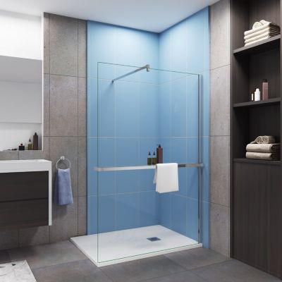 Paroi de douche italienne 140x200 cm - verre 8mm anticalcaire + barre fixation 90 cm avec pince + étagère de Douche alu 140 cm