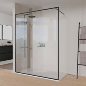 Paroi de douche italienne 150x200cm, verre NANO 8mm, profilé mural + barre stabilisation noir mat - FRAME