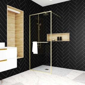 Paroi de douche l.100 x H.200 cm profilés doré brossé avec porte serviette et étagère, Galedo Edge