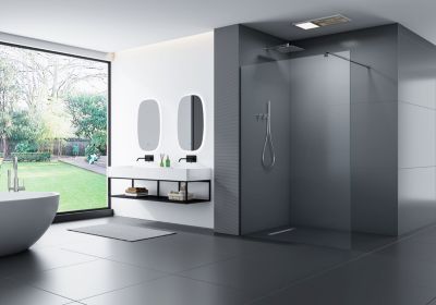 Paroi de douche à l'italienne 200x110cm (HxL), Verre blanc 10mm - EX103S - Barre ronde, profil noir mat