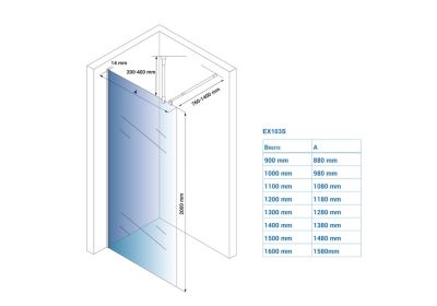 Paroi de douche à l'italienne 200x110cm (HxL), Verre blanc 10mm - EX103S - Barre ronde, profil noir mat
