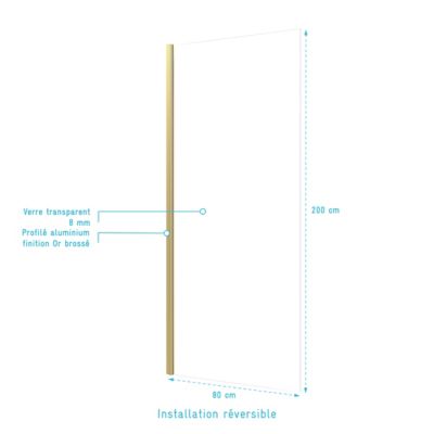 Paroi de douche à l'italienne 80x200 cm verre trempé 8 mm - Finition Or Doré Brossé - FREEDOM 2 GOLD