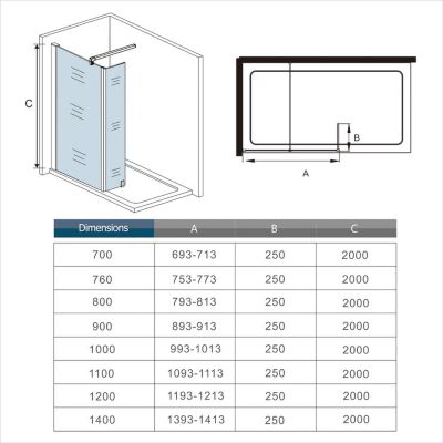Paroi de douche à l'italienne Chrome - 150 x 200 cm avec retour fixe douche - 8mm verre anticalcaire avec barre de fixation