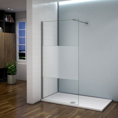 Paroi de douche à l'italienne fixe - 90x200cm - 8mm verre anticalcaire - Chrome avec Barre de fixation 140cm - central dépoli