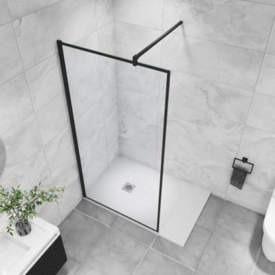 Paroi de douche à l'italienne noir 90x200cm - 8mm verre anticalcaire à 2 faces - barre de fixation 90cm Tourner à 360 degré