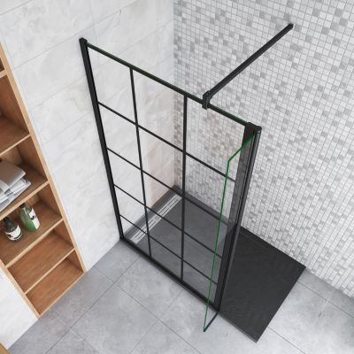 Paroi de douche à l'italienne noire 120x200cm + retour pivotant 40cm + 8mm verre anticalcaire + barre de fixation 140cm