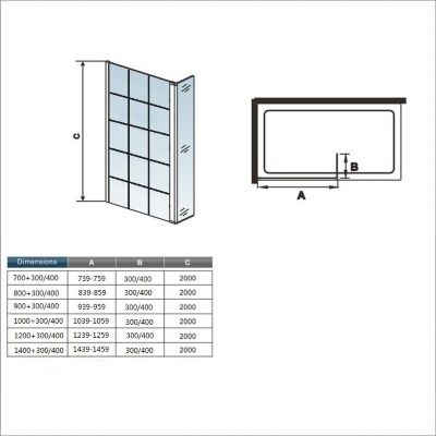 Paroi de douche à l'italienne noire 120x200cm + retour pivotant 40cm + 8mm verre anticalcaire + barre de fixation 140cm