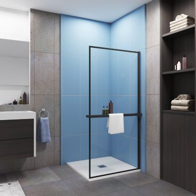 Paroi de douche à l'italienne profilé noir 80x200cm - 8mm verre anticalcaire Avec Étagère de Douche 80cm en alu noir