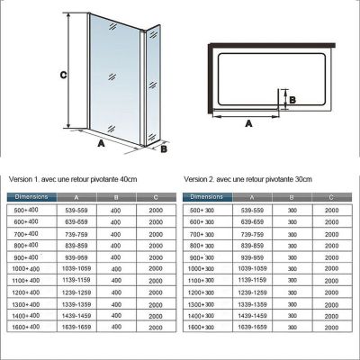 Paroi de douche noir 110 x 200 cm avec volet pivotant à 180 degré  - Verre anticalcaire  - 90 cm Barre de stabilisation