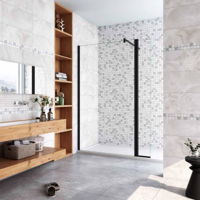 Paroi de douche noir 130 x 200 cm avec volet pivotant à 180 degré - Verre anticalcaire - 90 cm Barre de stabilisation