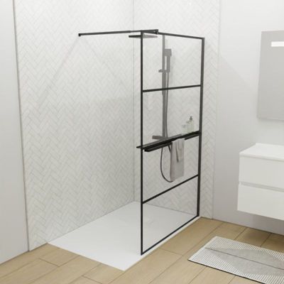 Paroi de douche noir mat avec porte-serviette et tablette DARKY 110 cm