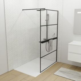 Paroi de douche noir mat avec porte-serviette et tablette DARKY 110 cm