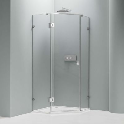 Paroi de douche pentagonale 80x80x195cm + receveur, en verre ESG 8mm, porte battante, Profil Chrome - EX415