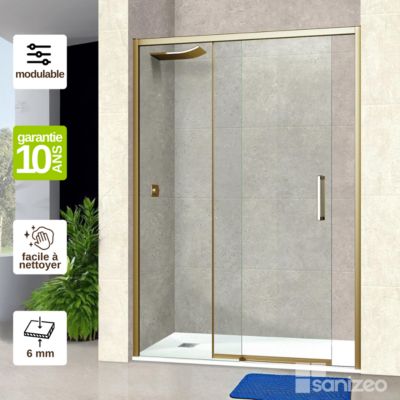 Paroi de douche porte coulissante DROITE en verre ép 6mm L156/160xH195 cm - profilé or - SUPERBAN Vézannes 2P